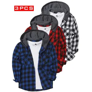 3-Pack Men's Flannel Hoodie Shirts - Plaid Button- Long Sleeve Casual Jackets with Pockets, Machine Washable, All-Season Comfort (Grey/Red & Blue/Black Checkered), Fall Wardrobe Essentials, Classic Plaid Design, Front Pocket Feature