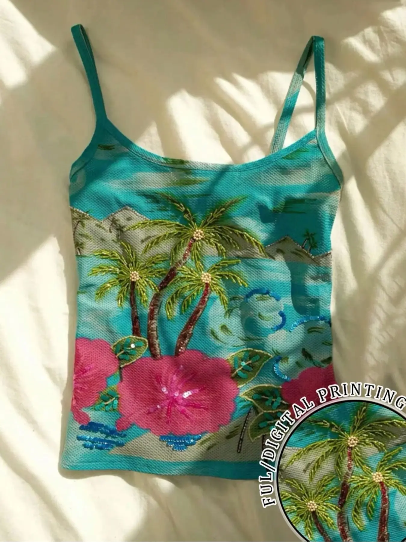 Summer Island Style Tropical Coconut Tree Floral Print Halter Top, Slim Fit Short Sleeve Shirt, Perfect for Beach Vacation, Music Festivals, Travel, Womenswear, Casual Beach Tank, Casual Fitted Backless Knit Cami, Trendy Top, Backless Camisole Top