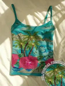 Summer Island Style Tropical Coconut Tree Floral Print Halter Top, Slim Fit Short Sleeve Shirt, Perfect for Beach Vacation, Music Festivals, Travel, Womenswear