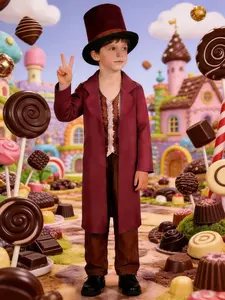 Boys' Chocolate Suit Set, Top, Pants, Hat, Breathable Soft Fabric, Loose Fit, Comfortable for Parties, Shows, Performances