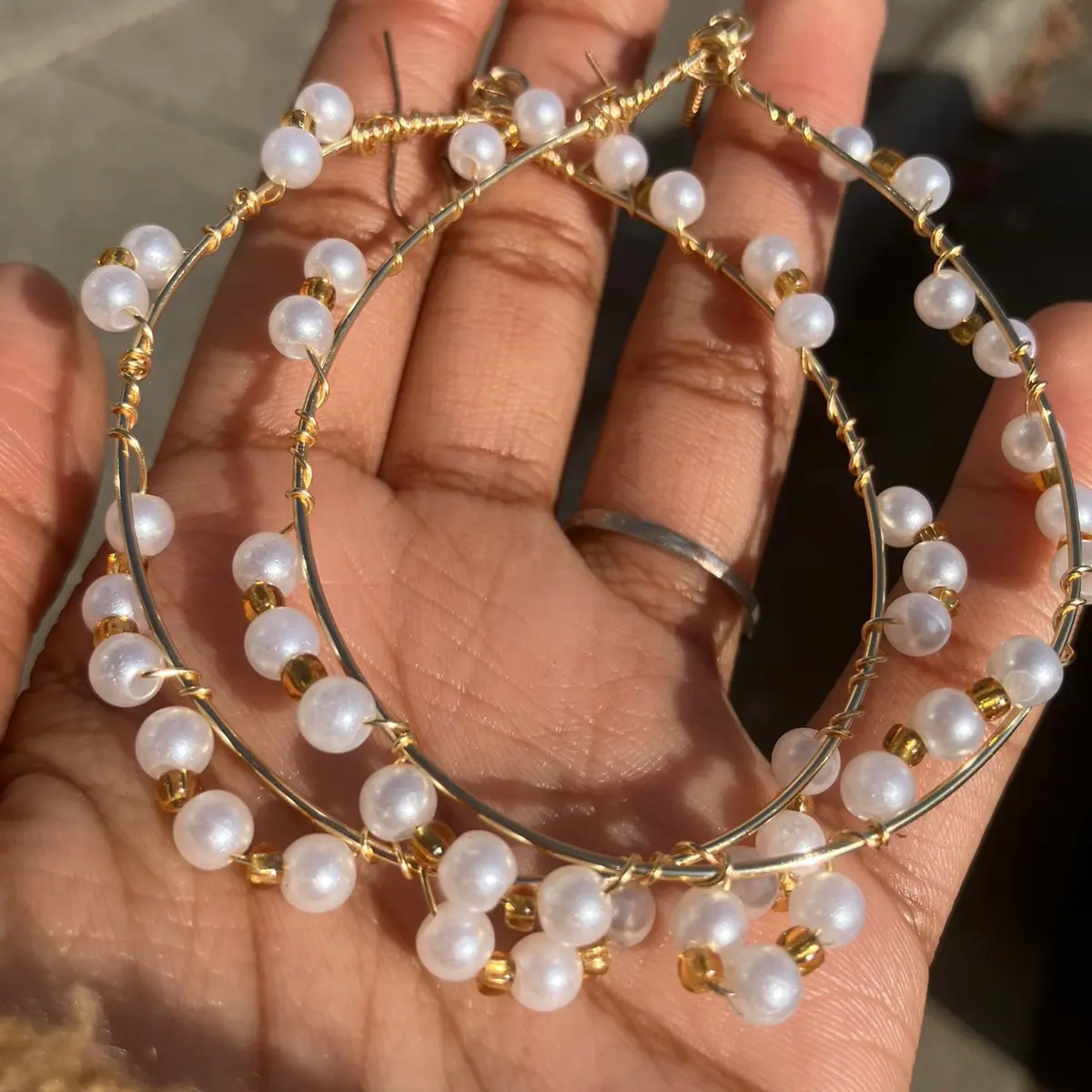 Wire Wrapped Hoop Pearl Earrings