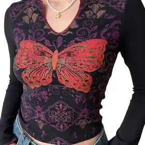 Women s Notched V Neck Tops Vintage Butterfly Print Long Sleeve  Fit T-Shirt Casual Blouse