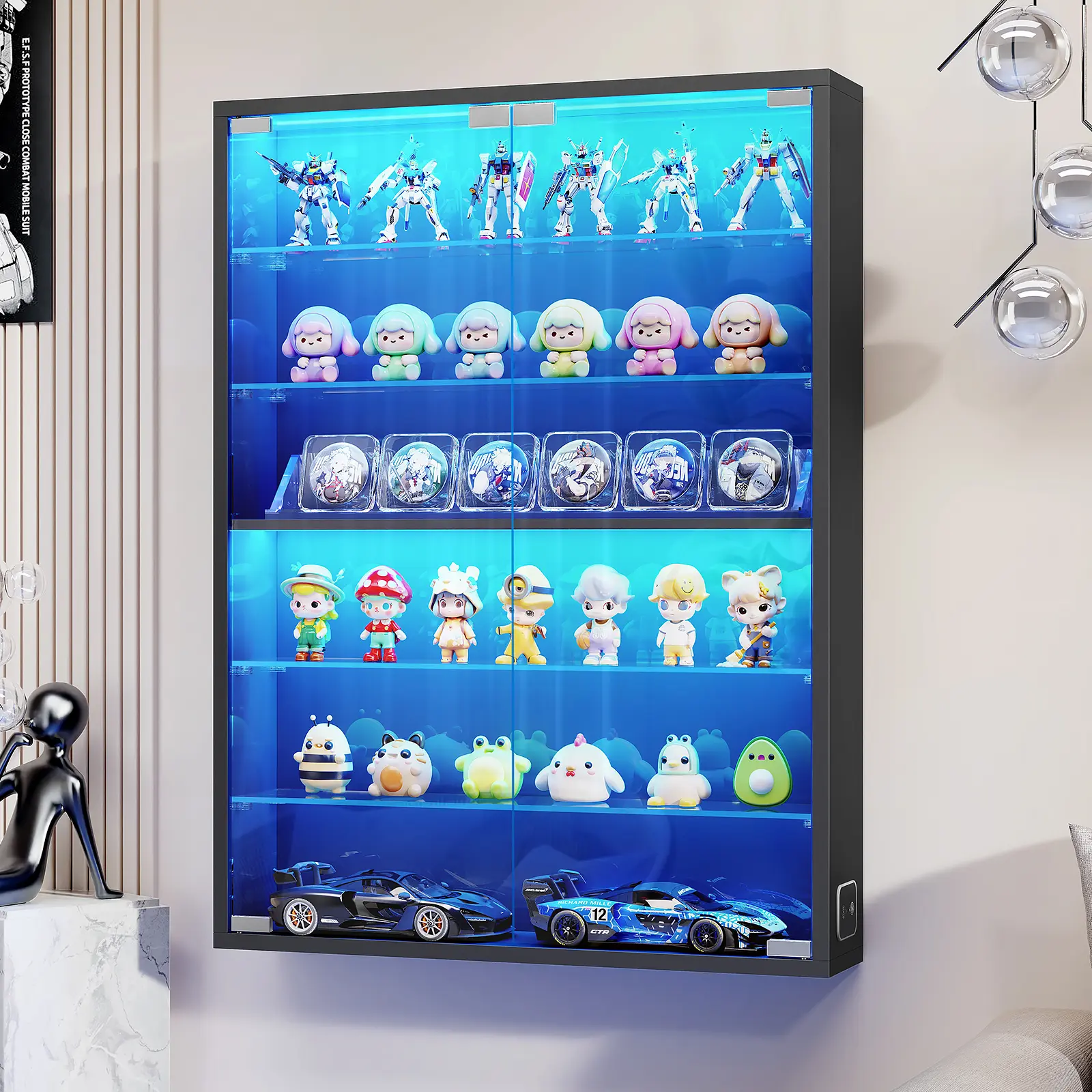 MIIFUNY 6-Tier Wall Display Case with Glass Doors, LED Display Cabinet with Adjustable Glass Shelves, Display Case for Collectibles, Black