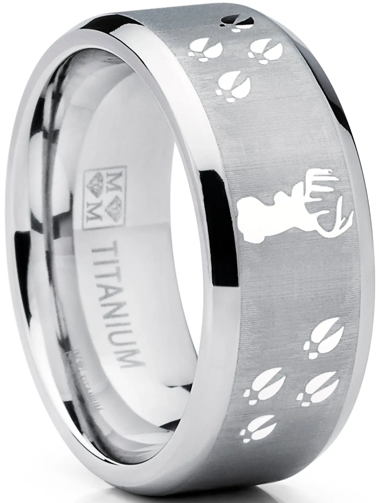 Men's 9MM Flat Top Satin Finish-High Polish Deer Track Titanium Animal Band Ring, Tarnish-Resistant Fashion Ring for Hunting Adults, Wedding Gifts for Boyfriend, Men's Jewelry Accessories (No Artificial Gemstones)