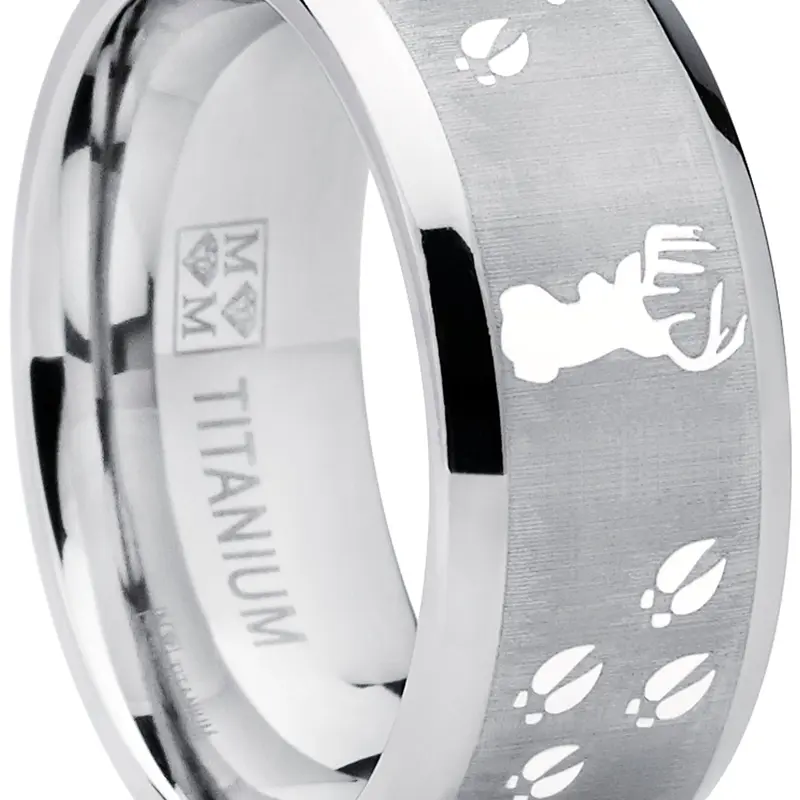 Men's 9MM Flat Top Satin Finish-High Polish Deer Image Titanium Animal Band, Tarnish-Resistant Fashion Ring for Hunting Adults, Boyfriend Wedding Gift with Complimentary Jewelry Gift Box (No Artificial Gemstones), Fashion Rings