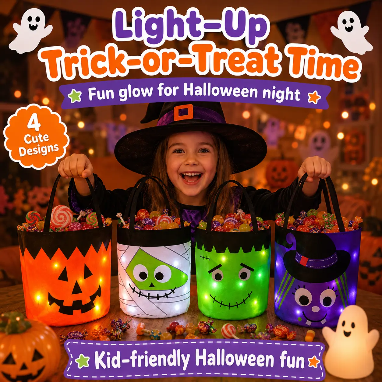 4-Pack Halloween LED Light-Up Treat Bags for Kids, Handle-Equipped Trick-or-Treat Totes with Pumpkin, Mummy, Frankenstein, Witch Designs