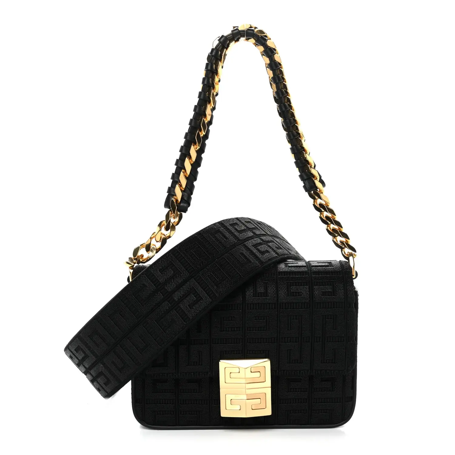 Pre-owned GIVENCHY Calfskin Shoulder Bags Canvas Woven Embroidered Small 4G Bag With Chain Black