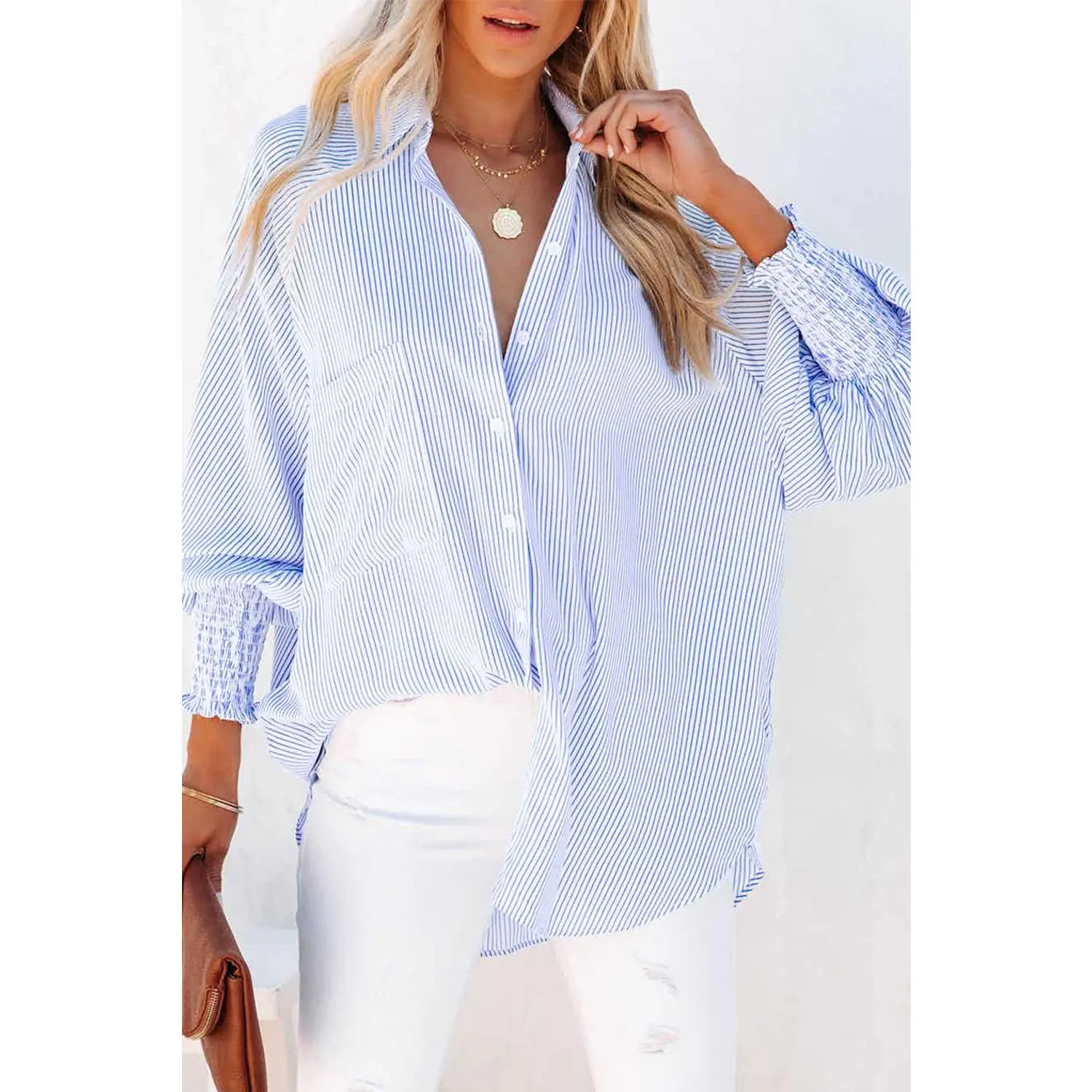 Sky Blue Smocked Cuffed Striped Boyfriend Shirt with Pocket