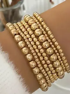 Seven-piece Gold Bead Elastic Bracelet Set, Beaded bracelets, Daily Style, Round Shiny Gold Beads, High-elastic String, For Single or Layered Wear, Suitable for Commute & Shopping, Fit for Women Who Love Versatile Accessories, Trendy Stack Bangle