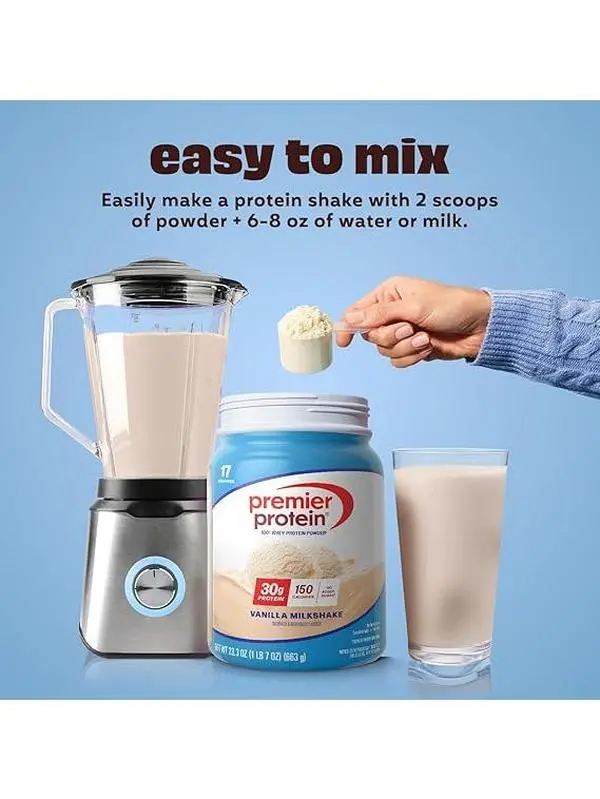 Premier Protein Powder, Vanilla Milkshake, 30g Protein, 1g Sugar, 100% Whey Protein, Keto Friendly, No Soy, Gluten Free, 23.3 oz (17 Servings)