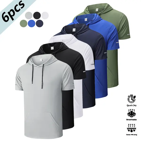 Men's 6 Pack Quick Dry Hooded T-Shirts, Plain Fitted Activewear with Reflective Stripes & Kangaroo Pocket for Travel (S, M), Athletic Fashion Activewear, Casual Sporty Fitted, Gym Daily Wear