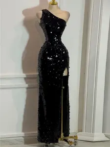 One-Shoulder Sequin Long Dress, Bodycon Fit, High Slit Design, Full Sequins, Elegant Formal Party Gown, Womenswear, Perfect for Evening Events