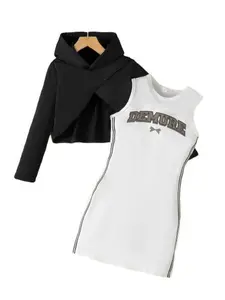 Ready Stock 8Y,9Y,10Y,11Y,12Y Kids Girls Sporty Outfits Sleeveless Letter Print Tank Dress Long Sleeve Irregular Hoodies 2Pcs Nice Apparel Clothes Set 42505006