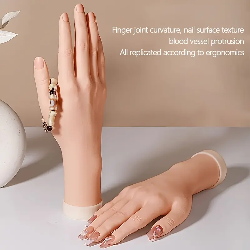 Realistic Practice Hand for Nail Art, Flexible Model with Articulated Joints for Manicure Training and Jewelry Display, Includes Practice Nails, Nail Care