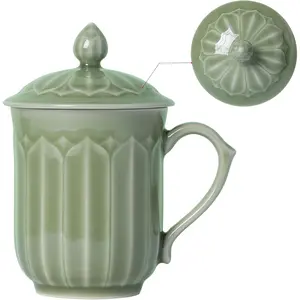 Tea Cup with Lid and Handle, 12 oz Unique Coffee Mug, Microwave Dishwasher Safe, Gifts for Women and Men, Aesthetic Chinese Celadon 1 Pack (Kiwi Green)