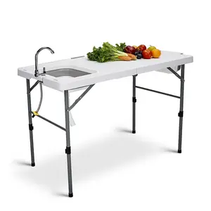 【Father's Day Gift】  50" Folding Fish Cleaning Table with Sink, Bi-Folding Portable Camping Sink Station with Drain Hose, Trash Can, Foldable Outdoor Sink for Camping, Fishing, BBQ