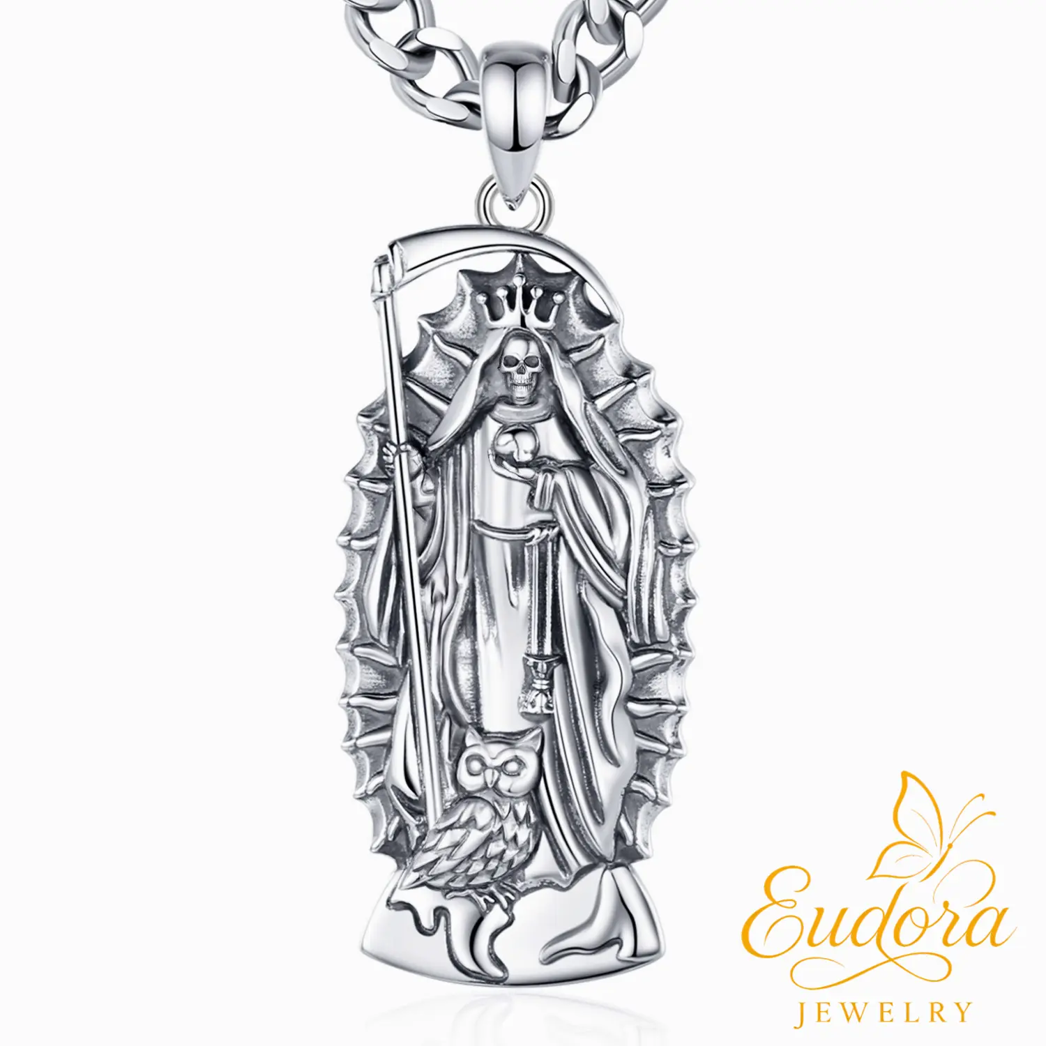 Eudora S925 Sliver Santa Muerte Necklace, Silver Grim Reaper Pendant, Mexican Saint Medallion,  Memento Mori Amulet, Protective Sigils Jewelry