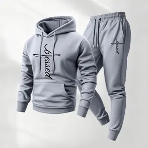 Men's Blessed Printed 2-Piece Hoodie & Drawstring Sweatpants Set, Casual Athletic Long Sleeve Hooded Tracksuit for Fall & Winter, Daily Wear Athleisure Menswear Sportswear for Indoor & Outdoor Use