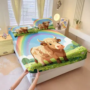 3Pcs Healing Cute Highland Cow Fitted Sheet Set (2 Pillowcases, No Pillow Inserts), Skin-Friendly & Airy Mattress Protector, Cartoon Style Bedding for Bedroom & Dorm, Practical Daily Gift