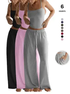 Women's 2 Piece Lounge Set, Spring, Camisole Top & Wide Leg Pants, Casual Style, Solid Pattern, Loose-Fitting, All Seasons