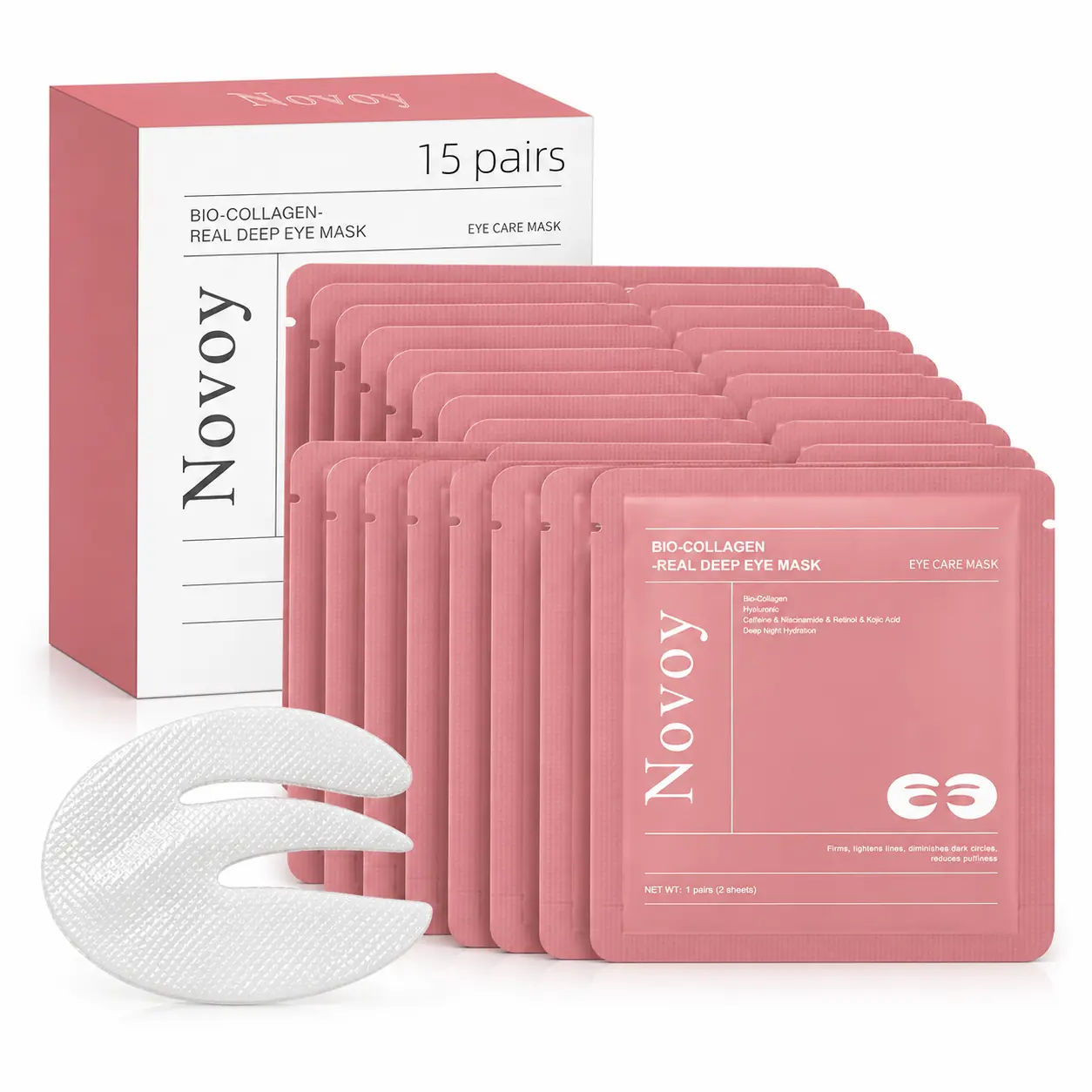 Novoy 15 Pairs Bio-Collagen Real Deep Eye Patches, 6-in-1 E-Shaped Overnight Eye Mask with 2% Caffeine, Hyaluronic Acid & Niacinamide, K-Beauty Eye Patches for Puffiness, Fine Lines & Tired-Looking Eyes, Rose fathersdaygiftideas