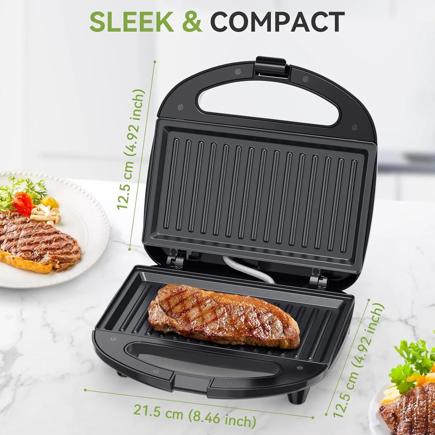 OSTBA 2-Slice Grill Toaster & Sandwich Maker, 750W Power Rectangular Electric Grill with Non-Stick Plates, Indicator Lights, Cool-Touch Handle, Cord Wrap, Easy to Clean and Store, Indoor Grill