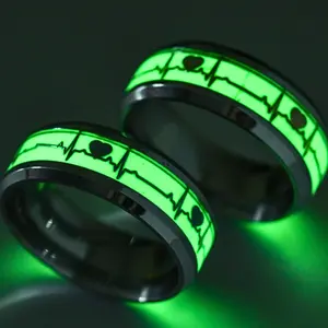 2 pcs/set fashion couple rings, heartbeat pattern glow in the dark, stainless steel, suitable for wedding, valentine's day, engagement ring