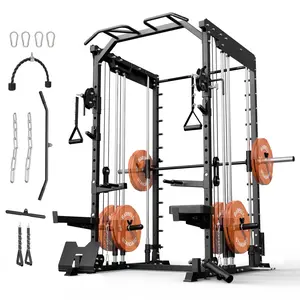 Smith Machine Power Cage, 2500LBS Power Rack with Cable Crossver System, Multi-User Workout Cage with Functional Trainer, Pull-Up Bar, Spotter Arms, Home Gym Equipment for Family Training Tricep Rope Weight Plates