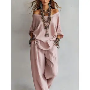 Summer New Casual Loose Linen Seven Quarter Sleeve Top And Wide Leg Pants Two Piece Outfit Set