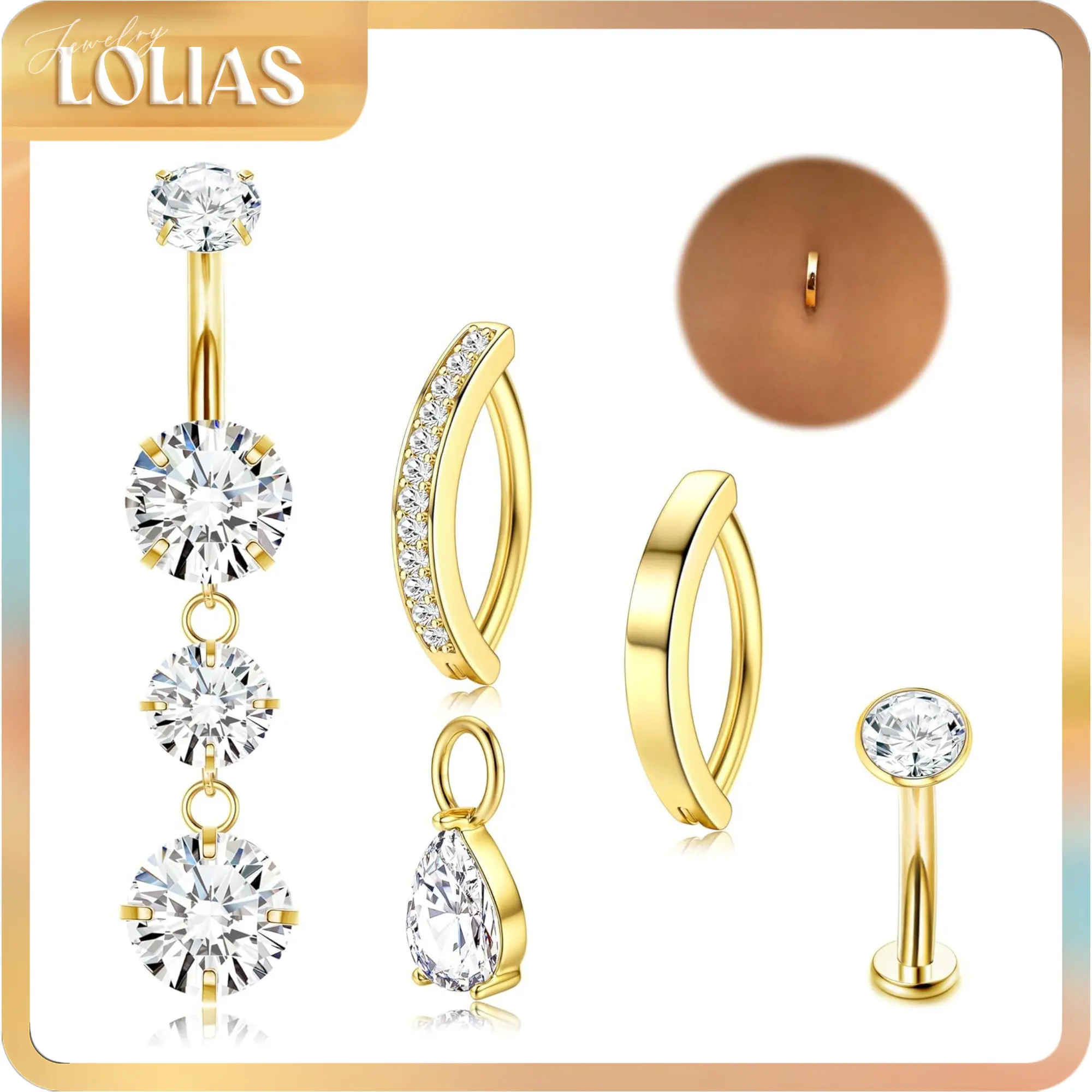 LOLIAS 5pcs 14G 1.6mm Surgical Stainless Steel Belly Piercing Set - Hypoallergenic Gold/Silver Clicker Closure, 8mm CZ Shine Dangle Pendant, Non Tarnish Beachwear Navel Jewelry for Females (Shower-Safe)