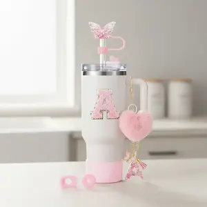 8pcs Cup Accessories for Stanley Cup 30oz 40oz Includes Butterfly Straw Cover Cap Silicone Boot Alphabet Handle Charm Initials Sticker 2pcs Spill Proof Stopper Heart Hook Love Plush Ball Tumbler Straw Lid Perfect for Thanksgiving