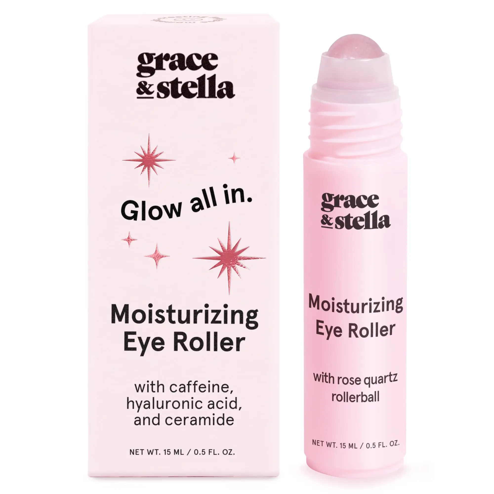 Rose Quartz Under Eye Roller – Brightening Eye Serum with Ceramides & Caffeine for Dark Circles & Puffy Eyes | Cooling Hydrating Eye Treatment for Eye Bags, Fine Lines & Tired Eyes Skincare Routine by grace & stella