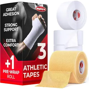 Premium White Athletic Zinc Oxide Tape 3-Pack with Pre-Wrap, Easy Tear, Sticky-Free Injury Aid, Unisex Use for Ankle, Wrist, Fingers Ideal for Soccer, Gymnastics