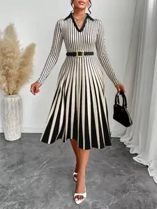 Elegant V-Neck Long Sleeve Striped Dress, Geometric Stripe Print A-Line Party Gown, Spring & Fall Fashion, Womenswear Chic, Classy Dresses, No Belt Included Hrs073