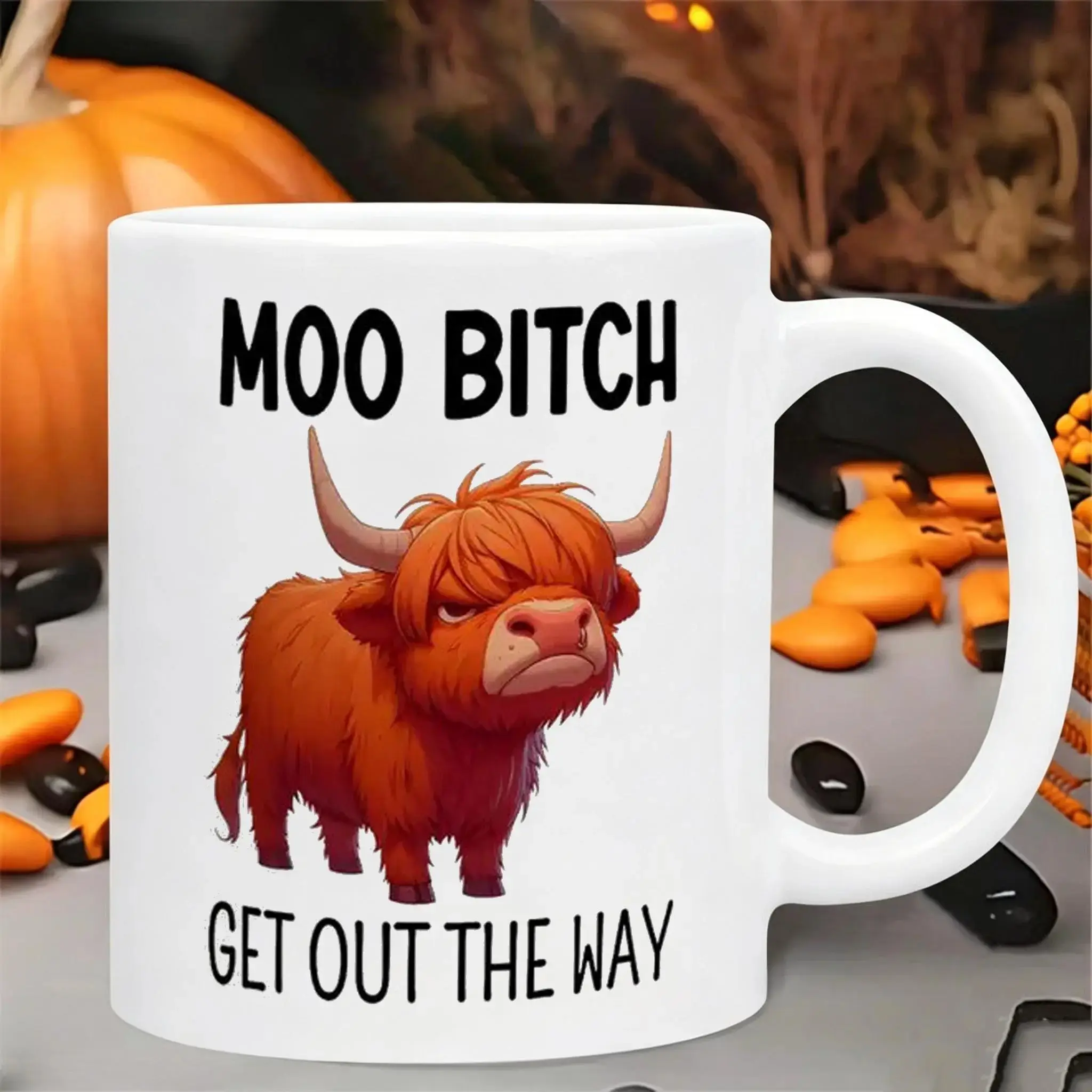 Hand-painted Pattern Mug Moo Bitch Get Out The Way Funny Highland Cow Coffee Mug Sarcastic Gift for Her Cow Lovers and Morning People Unique Bold Ceramic Cup for Office Desk Decor Hilarious Stress Relief Gag Gift. Meme Pattern Mug