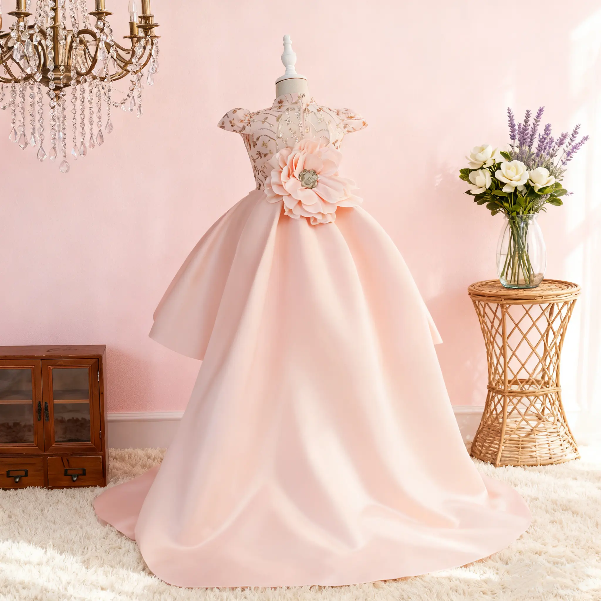 6085  Girls' train gown with large floral design elegant and sophisticated princess dress unique design high-end gown suitable for parties gatherings piano recitals performances
