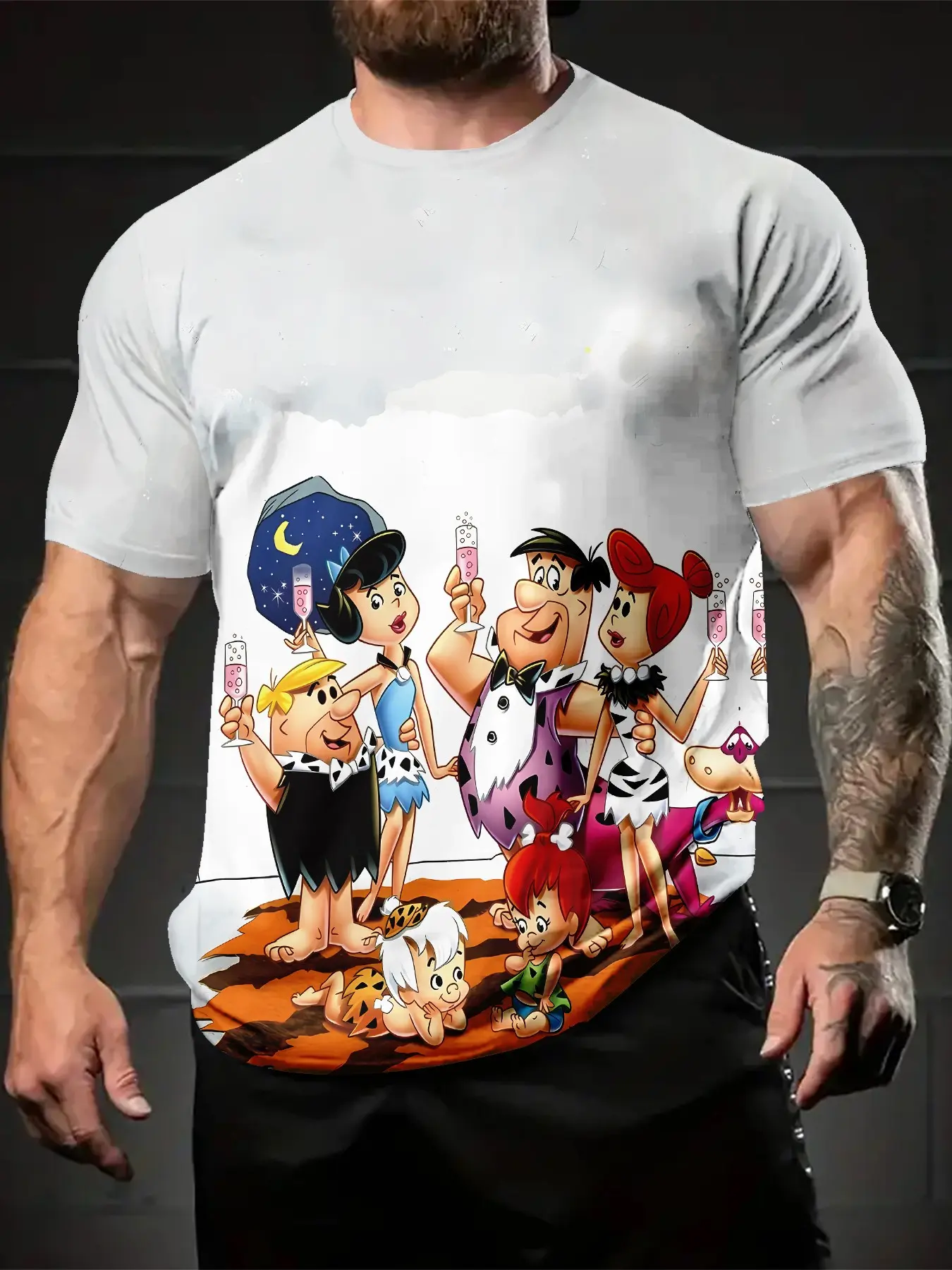 The Flintstones Party 3D Digital Printed T-shirt, a Classic, casual, versatile, and sporty menswear men's crew-neck short-sleeve top, Round Neck, suitable for daily wear, and a perfect holiday gift for men.