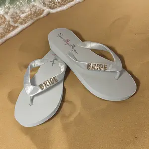 Gold Glitter Bride Flip Flops, White Flat Low Heel with Satin Straps for Beach Destination Wedding Sandals