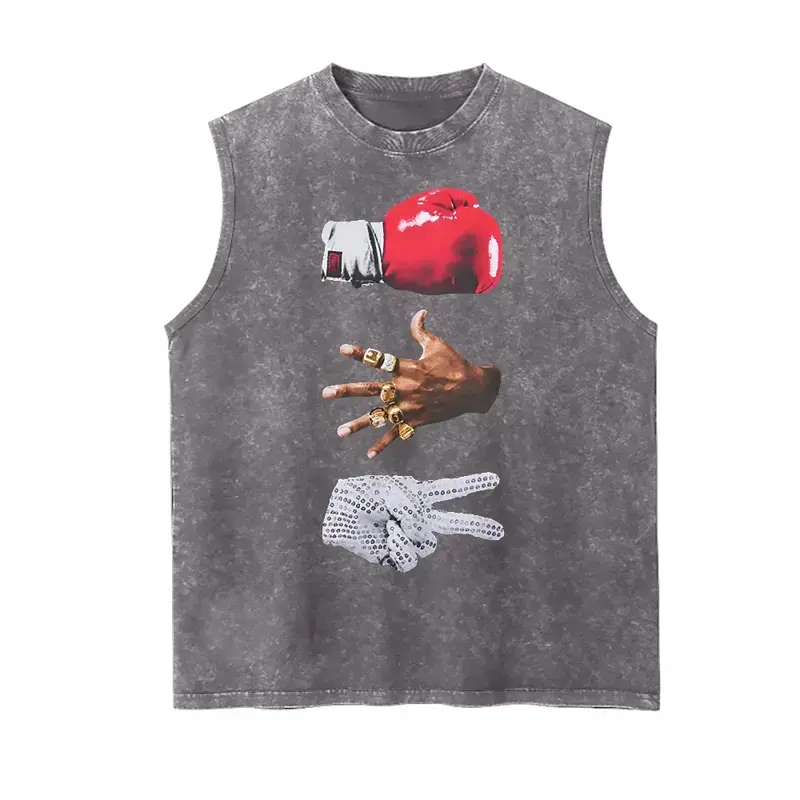 Vintage Acid Washed Heavy Cotton Oversized Sleeveless Tank Top, Front Red Boxing Glove Gold Ring Hand Rhinestone Peace Gesture Hands Graphic Print Loose Fit Unisex Crew Neck Vest, 90s Hip Hop Retro Streetwear Casual Basic Tank Ideal Gym VacationOutfit