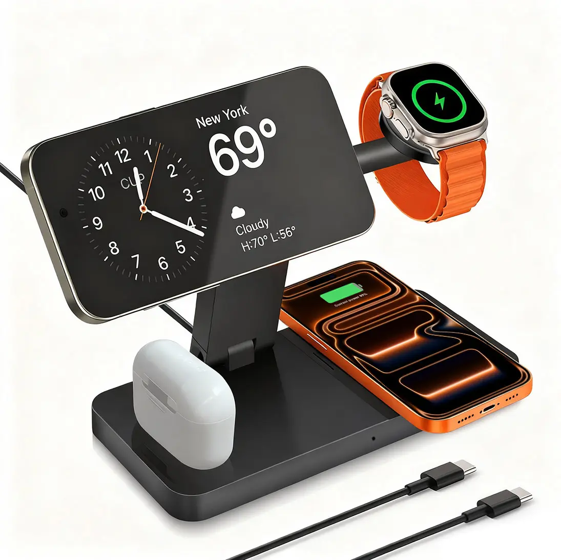4 in 1 Wireless Charging Station, Magnetic Foldable Phone Charger Stand for iPhone 17 Pro Max 16 15 14 13 12 Series, Apple Watch & AirPods, Fast Wireless Charger Dock Multi Device Charging Station