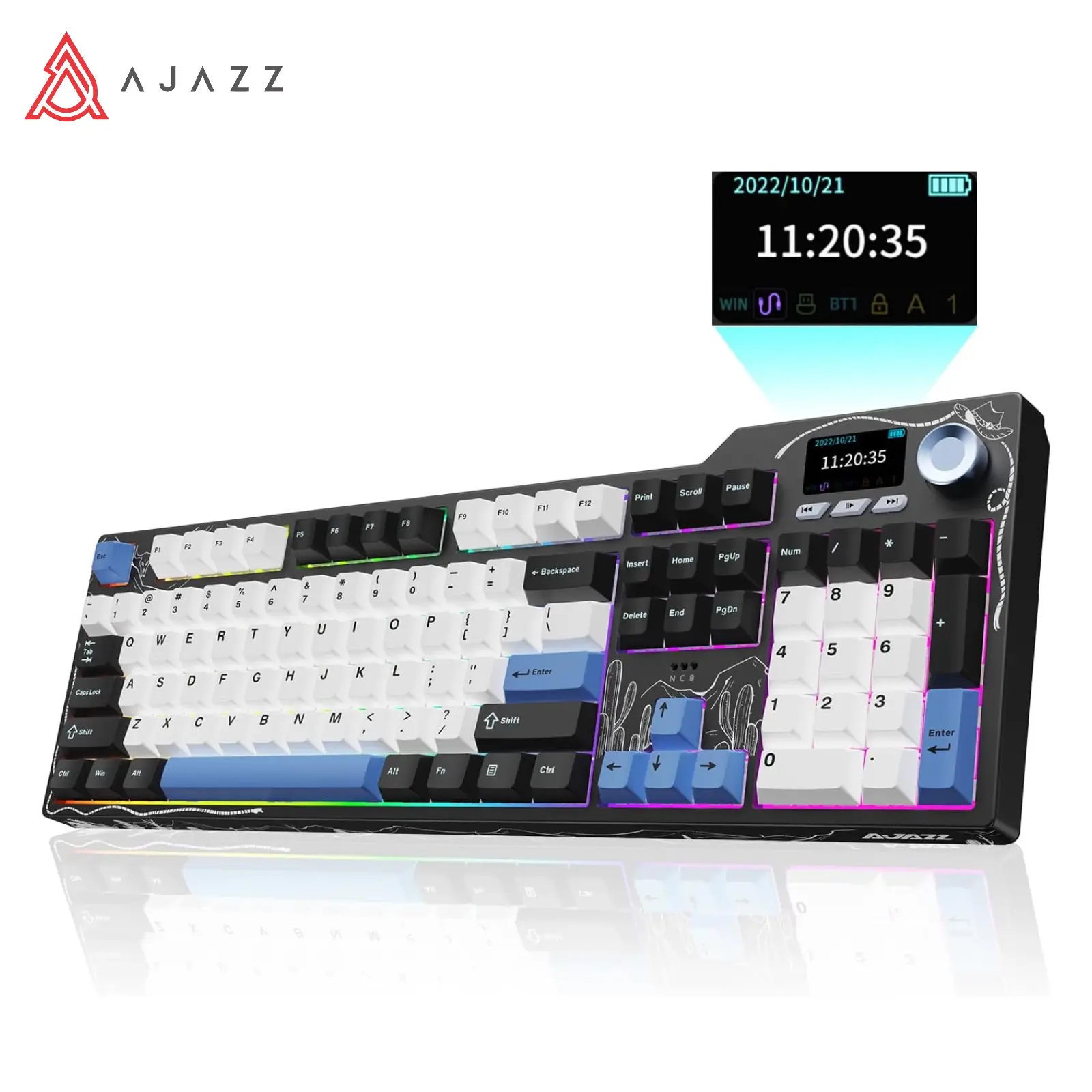 Ajazz AK35I V4 Full-Size Wireless Mechanical Gaming Keyboard - USB Rechargeable, Rotary Knob, Smart Screen Numeric Keypad, Customizable Creamy Design, Ideal for Esports & Office Use, Christmas Gift Option, Usb Rechargeable Keyboard