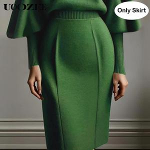 UOOZEE 2025 Women's Elegant Casual Solid Green Nylon Knitted High-Waist Slim-Fitting Knee-Length Bodycon Skirt - Machine Washable Minimalist Basic Bottoms (Only Skirt, Sizing Runs Small) for Date, Daily Wear