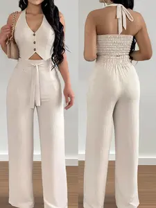2-Piece Halter Neck Sleeveless Cutout Crop Top & Wide Leg Pants Set Elegance for Casual Holiday