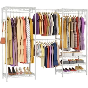 Heavy Duty Closet Garment Rack, 6 Tiers Adjustable Metal Freestanding Expandable Clothing Storage with 4 Hanger Rods, Easy to Assemble Wardrobe, 71.4" H x (70" - 88.2") L x 14" D, White