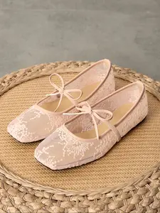 Women's Elegant Ballet Shoes, Spring Summer Fairy Hollow Out Mesh Lace Embroidery Bow Flat Shoes, Soft Sole Flats, Square Toe, Textile Upper, Rubber Sole