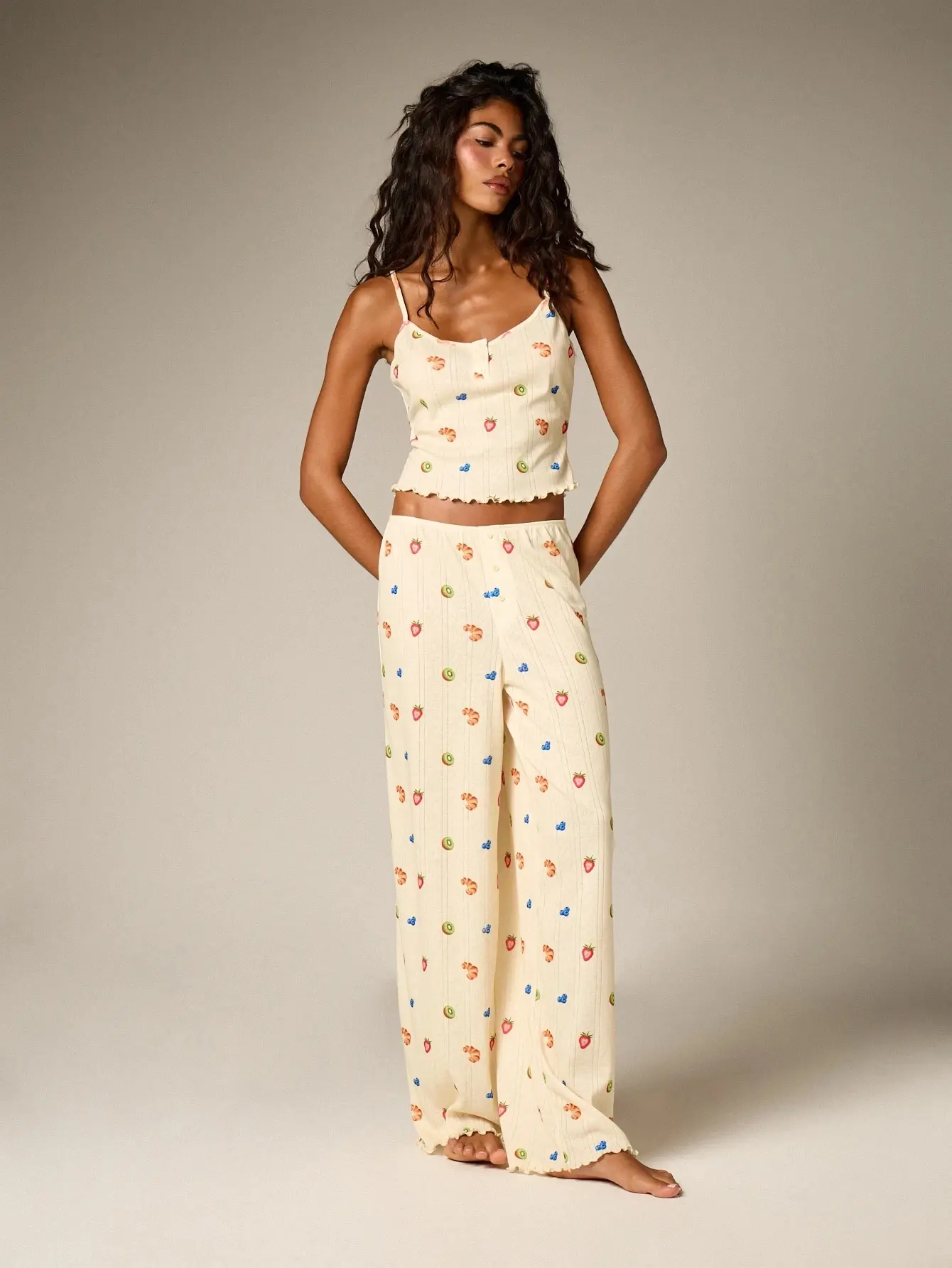 Women's Fruit Print Pointelle Pajama Set Cami Tank Top Wide Leg Pants Sleepwear Loungewear Summer