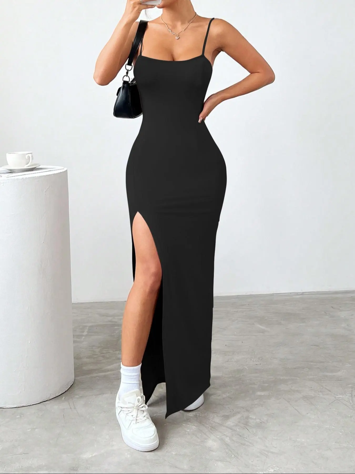 USBoutiqueCHIC Women's Summer Slim Fit Stretch Midi Dress | 180GSM Bodycon Dress with Spaghetti Straps