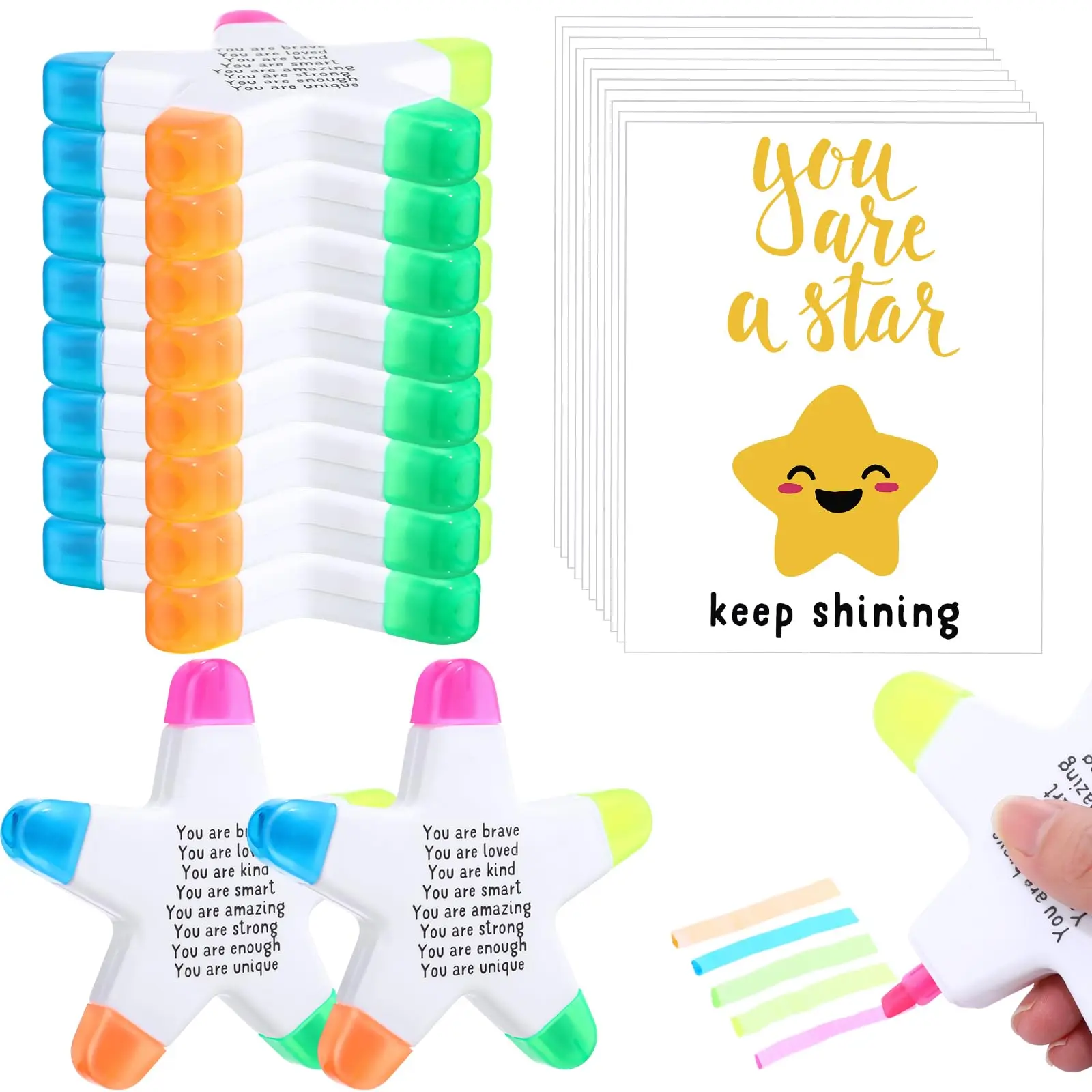 12/24 Sets Back to School Gifts for Students, 5-in-1 Motivational Star Highlighters with "You're a Star" Inspirational Cards and Gift Bags, Bulk Classroom Exchange Gifts, Party Favors, First Day of School Teacher Rewards
