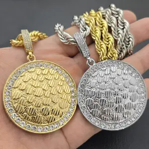 Men's Large Nugget Iced Cubic Zirconia Round Medal Bling Pendant & 8mm 24" Thick Rope Chain - High Quality, Polished Design for Gifts