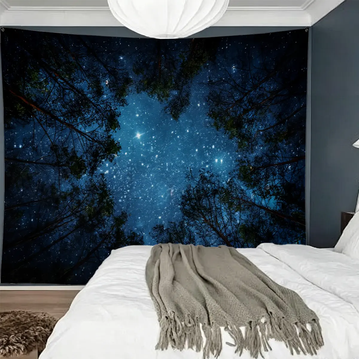 Starry Night Forest Tapestry, Galaxy Sky Wall Hanging, Cosmic Nature Landscape Tapestry, Polyester Bedroom Decor for Dorm, Living Room, Meditation Room Decoration Gift